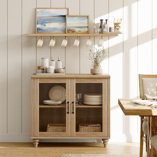 WAMAPT Sideboard Buffet Cabinets with Glass Door, Kitchen Storage Cabinets, Wood Coffee Bar Tables with Adjustable Shelf, Accent Sideboard Storage Cabinet Table Dining Room, Living Room,Oak 34 inch