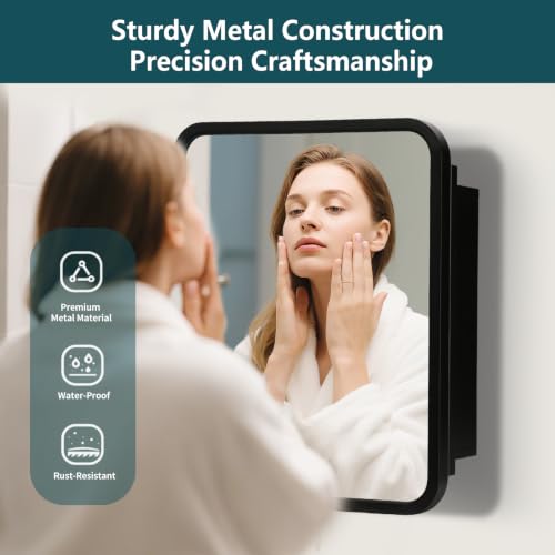 Image of Movo Black Metal Framed Bathroom Mirror Medicine Cabinet,14 Inch x 18 Inch Recessed Wall Mounted Medicine Cabinet with Mirror,Aluminum Storage Cabinet for Bathroom Vanity