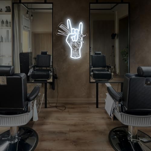 Image of Stylish Hand Holding Scissors and Comb Neon Sign Hair studio Led Light | USB Powered Dimmable Beauty Shop Neon Decor Salon Clipart Decor, Business Wall Decoration Sign 15.7 inchx11.8 inch