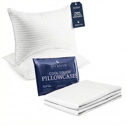 Image of Beckham Hotel Collection Bed Pillows with Cooling Pillowcases for Hot Sleepers, Queen Size Sets of 2, Soft Down Alternative Pillow for Sleeping, Envelope Cases, White