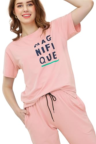 Image of ZEYO Women's Cotton Typography Printed Night Suit Pajama Set of Top & Joggers