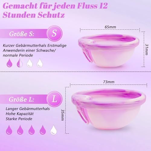 Robofun Wiederverwendbare Menstruationsscheibe Set, 2 Periodenscheibe (S+L), bis zu 12 Stunden, Menstruationsscheibe für leichte oder starke Regelblutung, Sicher bei Sport und Schwimmen - Lila&Rosa
