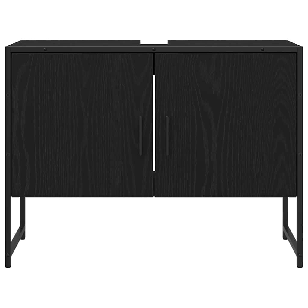 Szafka pod umywalkę z drzwiami, czarna, imitacja dębu, 80 x 30 x 60 cm, materiał drewnopochodny i stal, montowana na ścianie i stojąca, szafka łazienkowa z miejscem do przechowywania do