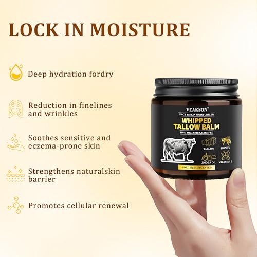 Whipped Beef Tallow Creme, Rindertalg Skincare, 100% GrasgefüTtertes Rindertalg und Honigbalsam, Rindertalg für Hautpflege, Feuchtigkeitscreme für Gesicht & KöRper,UnparfüMiert,120g