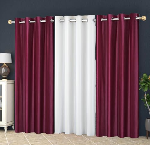 Image of Eyelet Polyester Modern Solid Crush Set of 3 Pcs. Door Curtains (7 Feet, 2 Wine + 1 White)