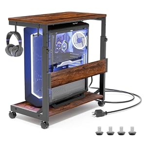 Höhenverstellbarer Computer-Tower-Ständer mit 2 Ablagen & Stauraum – für ATX-Gehäuse, Drucker, feststellbare Rollen (Dunkelbraun, B64 x T34 x H59-84,5cm)