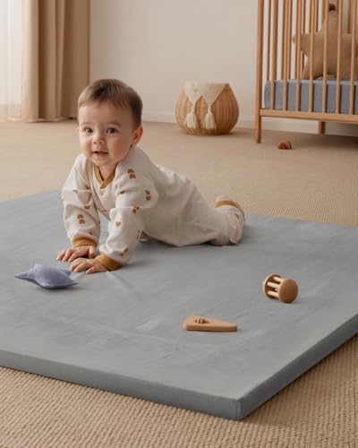 Image of Blissful Diary 1.3 inch Thick Baby Play Mat, 50x50 Playpen Mat with Removable & Washable Cover, Ultra Soft Crawling Rug for Floor, Foam Cushion & Non-Slip Backing for Kid, Toddlers and Infants, Light Grey