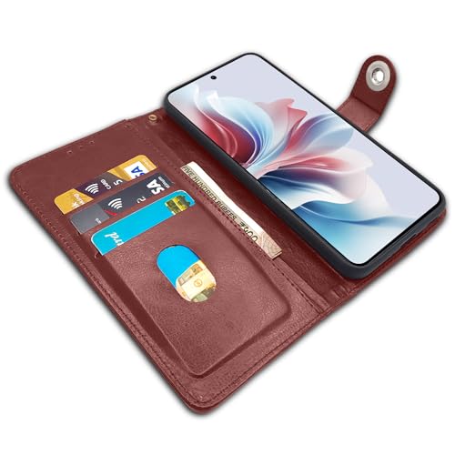 Image of Pikkme Oppo F25 Pro 5G Flip Cover Leather Finish | Inside TPU with Card Pockets | Wallet Stand and Shock Proof | Complete Protection Button Flip Case (Brown)