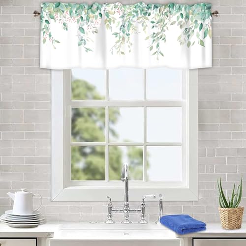 AYTTBIS Green Eucalyptus Leaves Curtain Valance for Windows Watercolor Floral Window Treatments 1 Panel Short Curtains for Kitchen Windows Bathroom Bedroom,42 x 12 Inch by AYTTBIS - Image 2