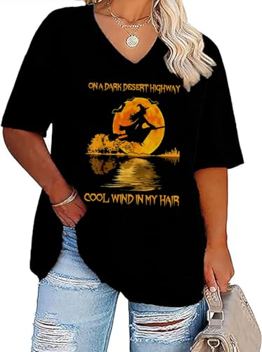 Plus Size V-Neck Halloween T Shirt Women Vintage Graphic Hocus Pocus Tees Casual Loose Fall Holiday Shirts Tops