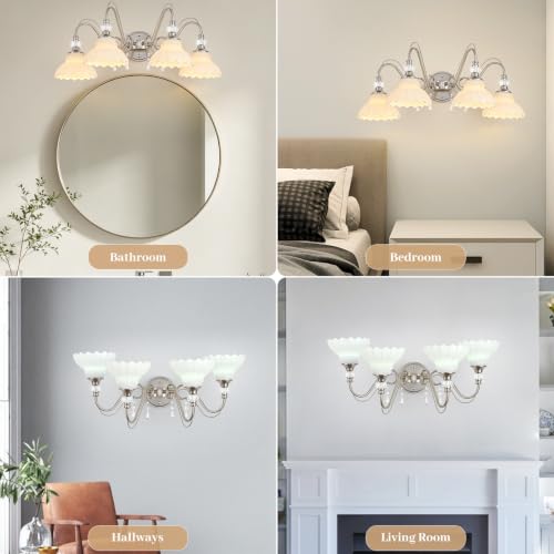 Image of Brushed Nickel Bathroom Vanity Light, 4-Light Nickel Finish Wall Sconce with Hanging Crystal Accents and Flower-Shaped White Glass Shades, Modern Wall Mount Vanity Light Over Mirror for Bathroom