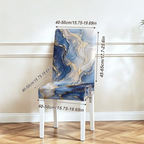 Image of Blue Marble Dining Chair Covers Set of 4, Gold Vein Slipcovers