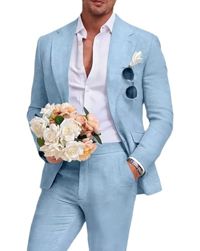 Aowdoy Blue Linens Suits for Men 2 Pieces Beach Wedding
