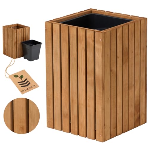 HOMERZO Pflanzkübel Holz – imprägniert wetterfest – mit herausnehmbarem Kunststoffeinsatz – Pflanztopf Blumenkasten für Balkon Garten Terrasse (Vertikal-braun 36x36 H55 cm)