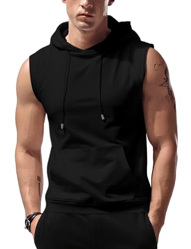 Babioboa Men's Hooded Tank Top Muscle Cut Off Gym Vest Training Hooded Bodybuilding Fitness Shirt Black