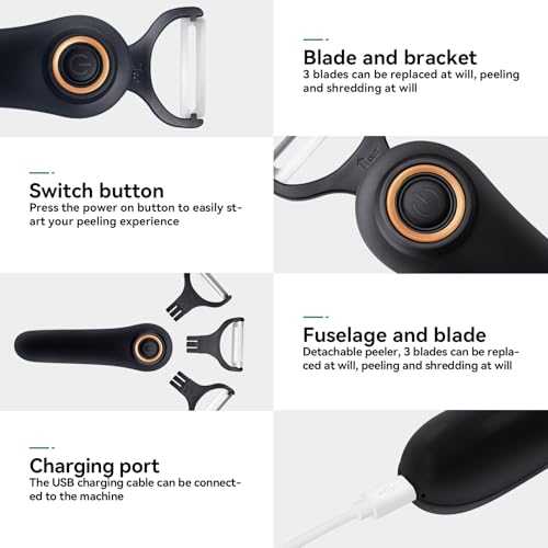 3-In-1 Electric Peeler | Auto Blade For Fruits/Vegetables | 3 Interchangeable Blades | Usb Charging,Battery Capacity 1500 Mah | Kitchen, Travel, Camping (PL907E-BLACK) - 4