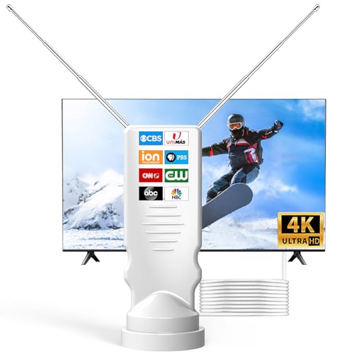 Rabbit Ear TV Antenna Indoor, HDTV Antenna for Smart TV, Digital TV Antenna for Local Channels, Adjustable Rabbit Ears Antenna with VHF UHF Reception, 4K 1080P Ready, Easy Setup (White)