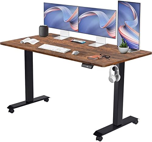 Flamaker Height Adjustable Electric Standing Desk, 140 * 60cm Sit Stand Desk Adjust Desk Home Office Desk with Headphone Hook, Black