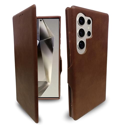 Image of Premium Vegan Leather Phone Cover with Card Slot - Slim, Durable, Privacy Protection, Kickstand Function, Elegant Flip Wallet Cases Compatible for Samsung S25 Ultra (Brown)