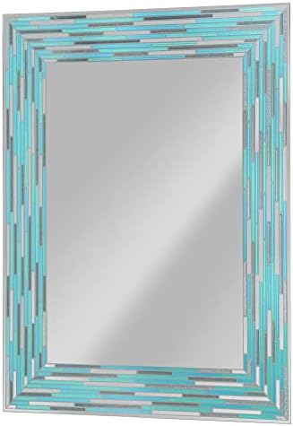 Head West Frameless Reeded Aqua Blue Coastal Sea Glass with a Mosaic Style Tile Printed Rectangular Accent Wall Mirror - 24 x 30