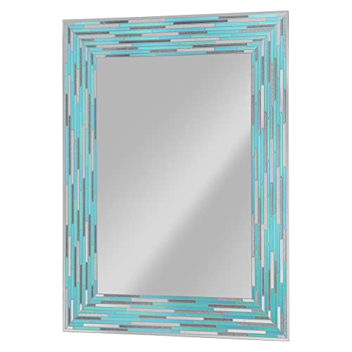 Head West Frameless Reeded Aqua Blue Coastal Sea Glass With A Mosaic Style Tile Printed Rectangular Accent Wall Mirror - 24 X 30 #TOP19