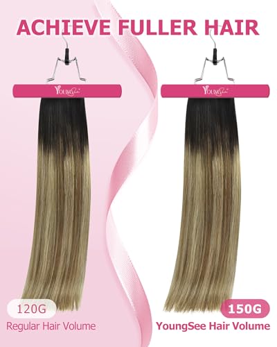 Image of YoungSee 135g Clip in Human Hair Extensions Balayage Remy Clip in Hair Extensions Dark Brown Ombre Medium Brown with Blonde Can Be Heat-styled Real Hair Extension Clip ins Human Hair 18 Inch 7pcs