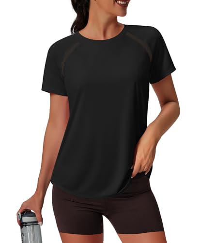 NIASHOT Athletic Tops for Women Workout Gym Shirts Yoga Pilates Outfits Curved Hem Short Sleeve with Mesh Running Clothing Black M
