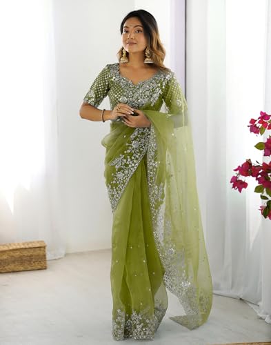 Image of SIRIL Women's Organza Sequence Embroidery Saree With Unstitched Blouse Piece