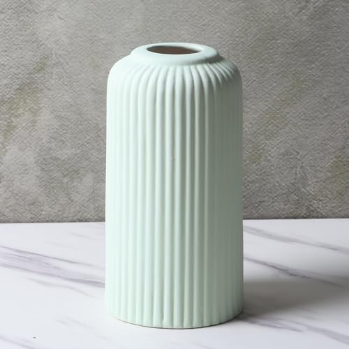 Image of KREATIVE ART'S Modern Ribbed Design Ceramic Flower Vase for Living Room, Flower Pots for Artificial Flower, Home Decoration Item, Home Decor, Vases for Living Room (Light Green, Small)