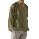 Rfmfkkg Camisas de lino de algodón negro para hombre, camisas Henley de manga larga con cuello en V, camisa casual de playa, Army En8, M