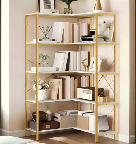 DWVO Corner Bookshelf, 5-Tier L-Shaped Bookshelf Storage Organizer, Tall Corner Bookcase Open Display Freestanding Storage Rack for Living Room, Home Office, Gold