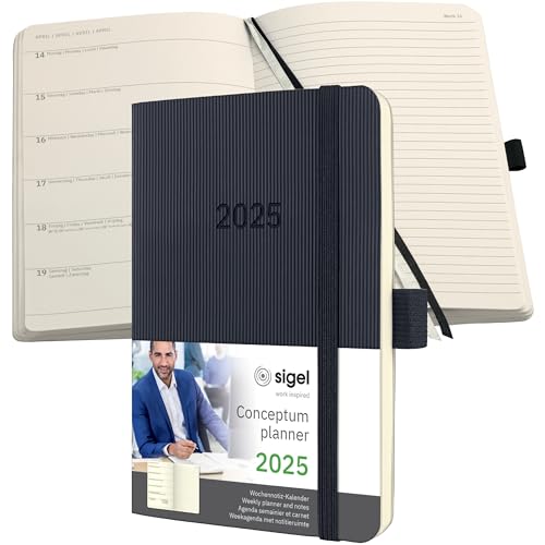 SIGEL C2525 Terminplaner Wochennotiz-Kalender 2025, ca. A6, schwarz, Softcover, 176 Seiten, Gummiband, Stiftschlaufe, Archivtasche, aus nachhaltigem Papier, Conceptum