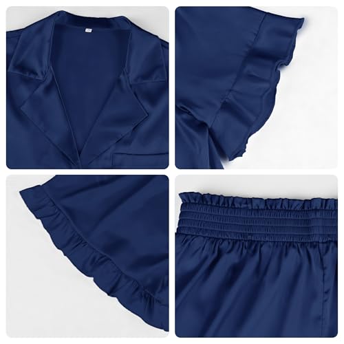 Image of KFUBUO Silky Satin Pajamas for Women Set Short Sleeve Button Down 2 Piece Pjs Shorts Sets Soft Sleepwear Loungewear
