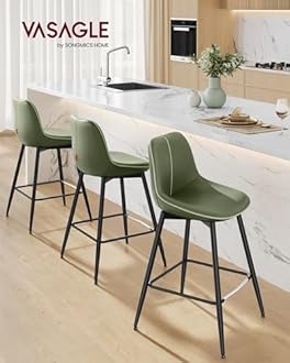 VASAGLE Bar Stools Set of 2, Counter Height Bar Stools with Back, Ergonomic Backrest, Synthetic Leather, Metal Legs, 24.8-Inch Tall Barstools for Kitchen Island Home Bar, Easy Assembly, Forest Green