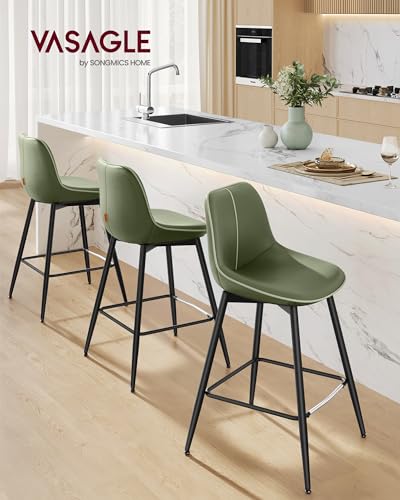 VASAGLE Bar Stools Set of 2, Counter Height Bar Stools with Back, Ergonomic Backrest, Synthetic Leather, Metal Legs, 24.8-Inch Tall Barstools for Kitchen Island Home Bar, Easy Assembly, Forest Green