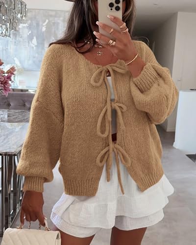 ATHMILE Women's Tie Front Bow Cardigan Sweaters Chunky Knit Long Puff Sleeve Trendy Fall Winter Jacket Coats 20252