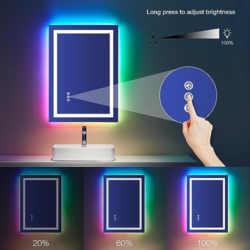 LOAAO 24"X32" LED Bathroom Mirror with Lights, Anti-Fog, Dimmable, RGB Backlit + Front Lighted, Bathroom Vanity Mirror for Wall, Memory Function, Shatter-Proof, Tempered Glass