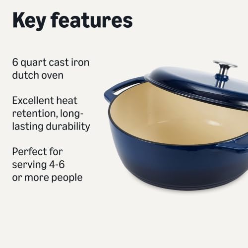 Image of Amazon Basics Enameled Cast Iron Dutch Oven Pot with Lid, Round, Dual Handles, Heavy-Duty, Oven Safe for Stews, Roasting, Baking, 6-Quart, Navy