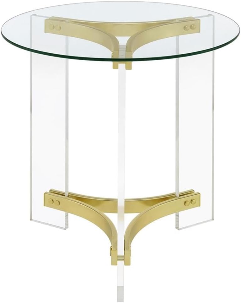 Pemberly Row Round Glass End Table, Clear Tempered Glass Top, Acrylic Legs, Matte Brass Finish, 24 in Height, Contemporary Design for Living Room or Den Decor