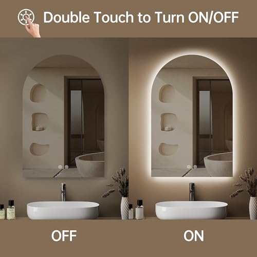 OUMUSU Arched Backlit Mirror Bathroom 20"x30"- Frameless LED Bathroom Mirror with Lights, Fogless, Dimmable, 3 Color Changing, Shatterproof, Touch Sensor by OUMUSU - Image 3