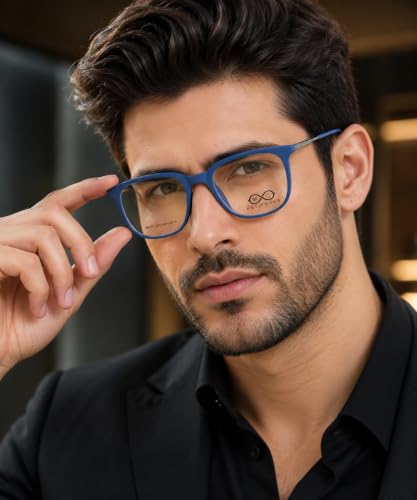 Image of Soft Square Optical Eyeglass Frame for Men & Women, Front with Metal Temples, Clear Demo Lenses, Lightweight Mixed Material Frame, Ribbed Temple Design for Prescription Lens Replacement
