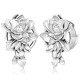 Maxbott 2 Pcs Rose Flower Ear Gauges Stainless Steel Screw Back Ear Plugs Romantic Floral Design Double Flared Tunnels for Stretched Ears Body Jewelry Gift Set for Women & Men (S138, 10mm(00G))