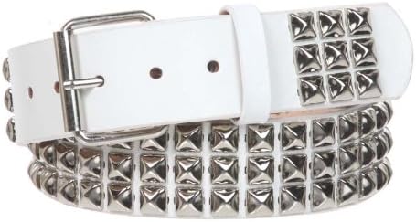 1 3/4" Snap On Three Row Punk Rock Star Metal Silver Studded Solid Leather Belt, White | 36"