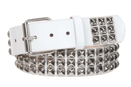 1 3/4" Snap On Three Row Punk Rock Star Metal Silver Studded Solid Leather Belt, White | 36"