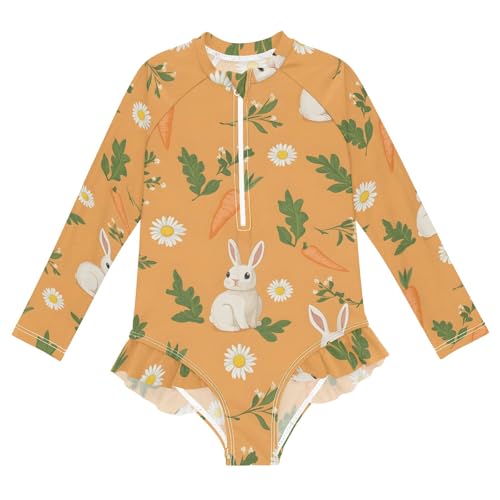 ALAZA Swimsuit for Girls Long Sleeve Rashguard Bathing Suit Orange Rabbit Carrot Quick Dry 4T