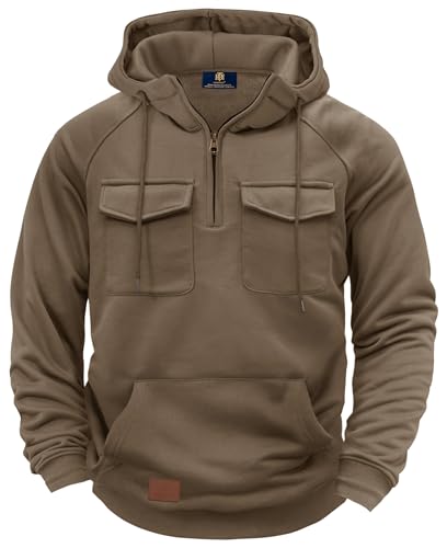 Herberton Mens Warm Casual Hooded Shirt New Cozy Hoodie Durable Versatile Classic Heavyweight Utility Tactical Pocket Longsleeve Running 1/4 Zipper Sport Loose Fit Pullover Khaki M