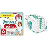 Pampers Baby Windeln Pants Größe 6 (15kg+) Premium Protection, Extra Large & Aqua Pure Baby Feuchttücher, 864 Tücher (18 x 48) Mit 99% Purem Wasser, Dermatologisch Getestet