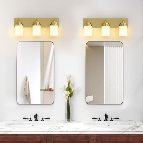 Image of IZORRO Bathroom Vanity Light Fixture, 3-Light 22 Inch Gold Bathroom Light Fixtures Over Mirror, with White Glass Shade, Modern Farmhouse Vanity Lights, Rustic Restroom Lighting Fixtures