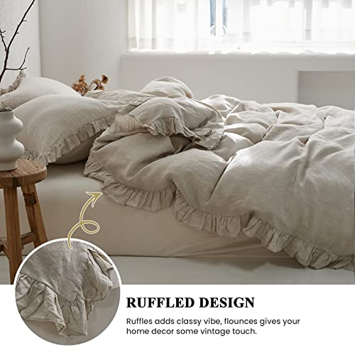Simple&Opulence 100% Washed French Linen Duvet Cover Set-104''X92'' King Size-3 Pieces Vintage Ruffled Farmhouse Bedding 1 Comforter Cover 2 Pillowshams High End Floral Frill Flax Sets,Natural Linen #TOP1