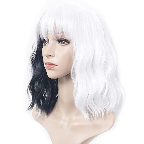 Aideshair short Black and White wig with bangs women's wig curly wave synthetic cosplay girl colorful wig… (Black and White)
